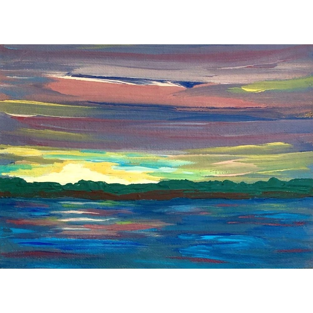 Lake Peace, Acrylic Sunset Painting, 5 x 7